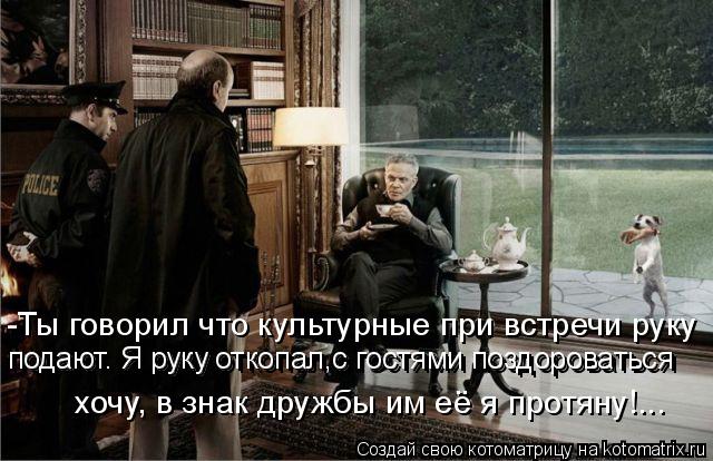 Котоматрица: -Ты говорил что культурные при встречи руку хочу, в знак дружбы им её я протяну!... подают. Я руку откопал,с гостями поздороваться  подают. Я ру