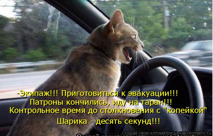 -Экипаж!!! Приготовиться к эвакуации!!! Патроны кончились, иду на таран!!! Контрольное время до столк... Котоматрица: -Экипаж!!! Приготовиться к эвакуации!!! Патроны кончились, иду на таран!!! Контрольное время до столкновения с "копейкой" Шарика - десять секун