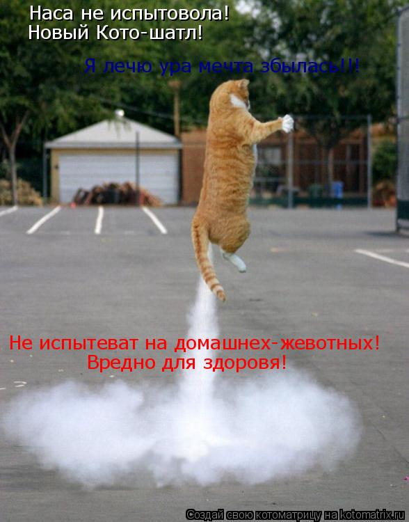 Котоматрица: Наса не испытовола! Новый Кото-шатл! Не испытеват на домашнех-жевотных! Вредно для здоровя! Я лечю ура мечта збылась!!!