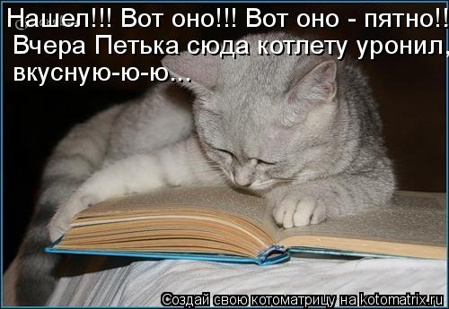 Нашел!!! Вот оно!!! Вот оно - пятно!!! Вчера Петька сюда котлету уронил, вкусную-ю-ю...... Котоматрица: Нашел!!! Вот оно!!! Вот оно - пятно!!! Вчера Петька сюда котлету уронил, вкусную-ю-ю...