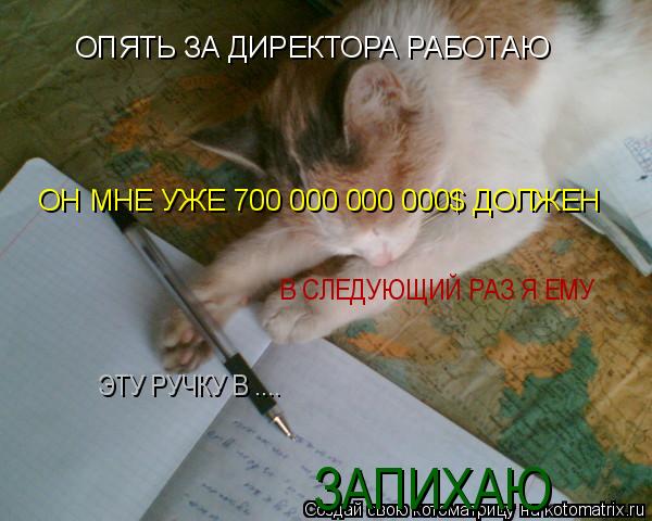 Котоматрица: ОПЯТЬ ЗА ДИРЕКТОРА РАБОТАЮ ОН МНЕ УЖЕ 700 000 000 000$ ДОЛЖЕН В СЛЕДУЮЩИЙ РАЗ Я ЕМУ  ЭТУ РУЧКУ В .... ЗАПИХАЮ