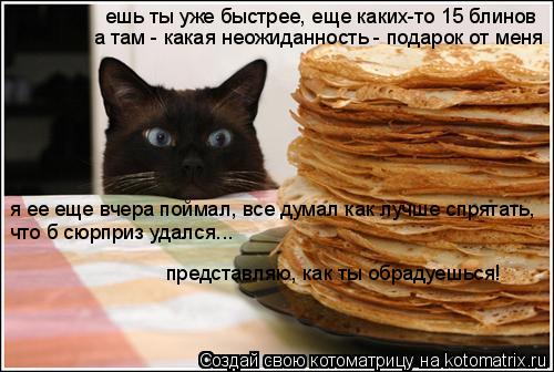 Котоматрица: ешь ты уже быстрее, еще каких-то 15 блинов а там - какая неожиданность - подарок от меня я ее еще вчера поймал, все думал как лучше спрятать,  чт