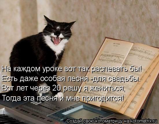 На каждом уроке вот так распевать бы! Есть даже особая песня -для свадьбы. Вот лет через 20 решу я же... Котоматрица: На каждом уроке вот так распевать бы! Есть даже особая песня -для свадьбы. Вот лет через 20 решу я жениться, Тогда эта песня и мне пригодится!