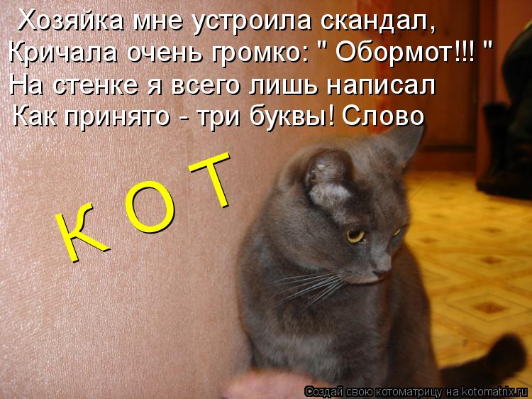 Хозяйка мне устроила скандал, Кричала очень громко: " Обормот!!! " На стенке я всего лишь написал Как... Котоматрица: Хозяйка мне устроила скандал, Кричала очень громко: " Обормот!!! " На стенке я всего лишь написал Как принято - три буквы! Слово К О Т