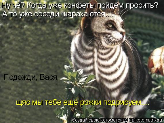 Котоматрица: Ну чё? Когда уже конфеты пойдём просить? А то уже соседи шарахаются.... Подожди, Вася,  щяс мы тебе ещё рожки подрисуем....