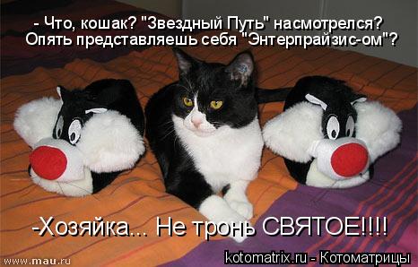Котоматрица: - Что, кошак? "Звездный Путь" насмотрелся? Опять представляешь себя "Энтерпрайзис-ом"? -Хозяйка... Не тронь СВЯТОЕ!!!!