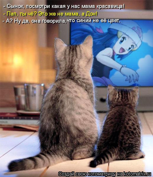 Котоматрица: - Сынок, посмотри какая у нас мама красавица! - Пап, ты чё? Это же не мама, а Дон! - А? Ну да, она говорила,  что синий не её цвет.