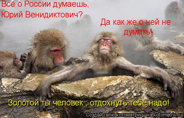 Котоматрица: Всё о России думаешь, Юрий Венидиктович? Да как же о ней не  думать! Золотой ты человек ; отдохнуть тебе надо!