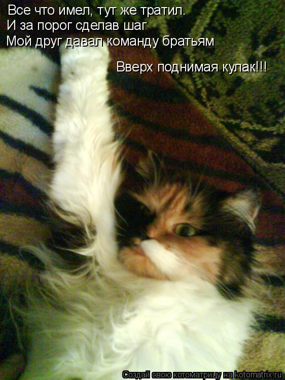 Котоматрица: Все что имел, тут же тратил.  И за порог сделав шаг Мой друг давал команду братьям Вверх поднимая кулак!!!