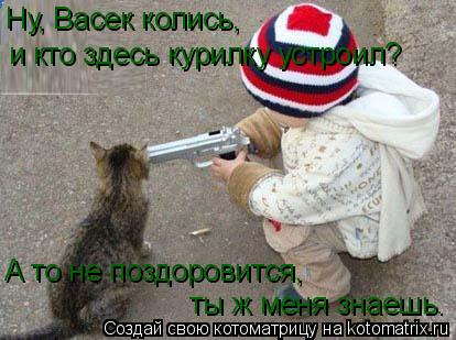 Котоматрица: Ну, Васек колись, и кто здесь курилку устроил? А то не поздоровится, ты ж меня знаешь.