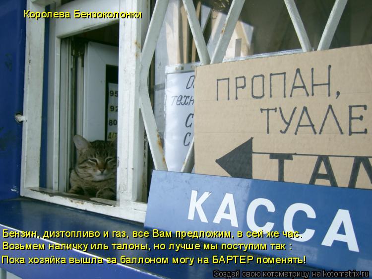 Котоматрица: Бензин, дизтопливо и газ, все Вам предложим, в сей же час. Возьмем наличку иль талоны, но лучше мы поступим так :  Пока хозяйка вышла за баллон