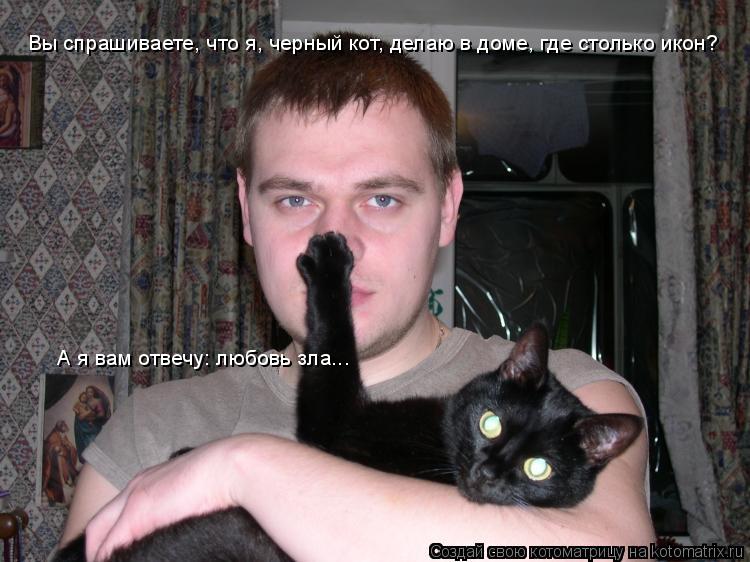 Котоматрица: Вы спрашиваете, что я, черный кот, делаю в доме, где столько икон? А я вам отвечу: любовь зла...