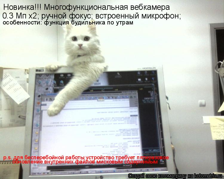 Котоматрица: 0.3 Мп x2; ручной фокус; встроенный микрофон; Новинка!!! Многофункциональная вебкамера особенности: функция будильника по утрам  p.s. для беспер