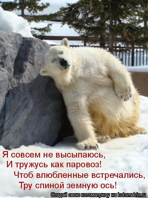 Чтоб влюбленные встречались, Я совсем не высыпаюсь, И тружусь как паровоз! Тру спиной земную ось!... Котоматрица: Чтоб влюбленные встречались, Я совсем не высыпаюсь, И тружусь как паровоз! Тру спиной земную ось!