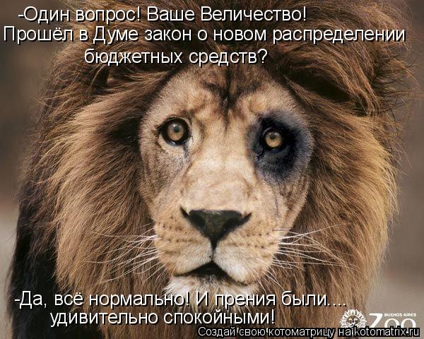 Котоматрица: -Один вопрос! Ваше Величество! Прошёл в Думе закон о новом распределении бюджетных средств? -Да, всё нормально! И прения были.... удивительно с