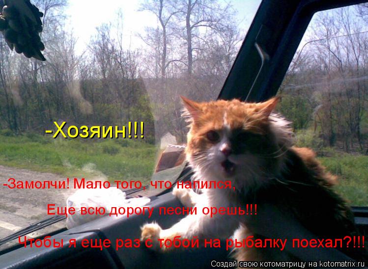 Котоматрица: -Замолчи! Мало того, что напился, Чтобы я еще раз с тобой на рыбалку поехал?!!! -Хозяин!!!  Еще всю дорогу песни орешь!!!