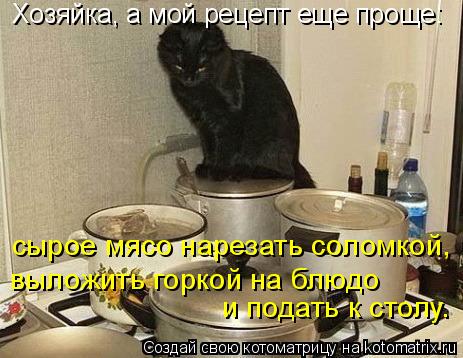 Хозяйка, а мой рецепт еще проще: сырое мясо нарезать соломкой, выложить горкой на блюдо и подать к ... Котоматрица: Хозяйка, а мой рецепт еще проще: сырое мясо нарезать соломкой, выложить горкой на блюдо и подать к столу.