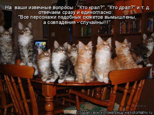 На ваши извечные вопросы : "Кто крал?", "Кто драл?" и т. д. отвечаем сразу и единогласно: "Все персо... Котоматрица: На ваши извечные вопросы : "Кто крал?", "Кто драл?" и т. д. отвечаем сразу и единогласно: "Все персонажи подобных сюжетов вымышлены, а совпадени