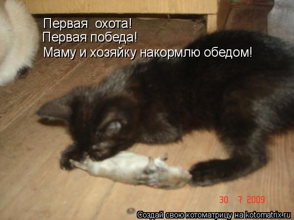 Котоматрица: Первая  охота! Первая победа! Маму и хозяйку накормлю обедом!