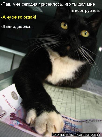 -Пап, мне сегодня приснилось, что ты дал мне пятьсот рублей. -А ну живо отдай! -Ладно, держи...... Котоматрица: -Пап, мне сегодня приснилось, что ты дал мне пятьсот рублей. -А ну живо отдай! -Ладно, держи...