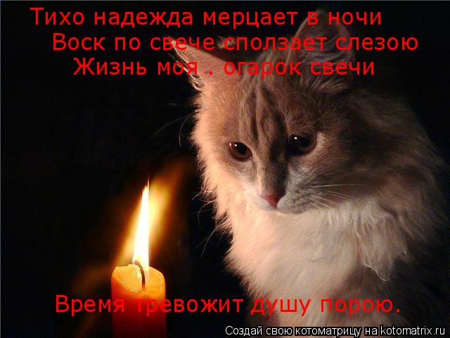 Тихо надежда мерцает в ночи Воск по свече сползает слезою Жизнь моя – огарок свечи Время тревожит душ... Котоматрица: Тихо надежда мерцает в ночи Воск по свече сползает слезою Жизнь моя – огарок свечи Время тревожит душу порою.