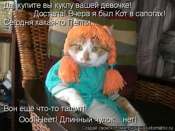 Котоматрица: Да, купите вы куклу вашей девочке! Достала! Вчера я был Кот в сапогах! Сегодня какая-то Пеппи... Вон ещё что-то тащит! Ооо! Неет! Длинный чулок....