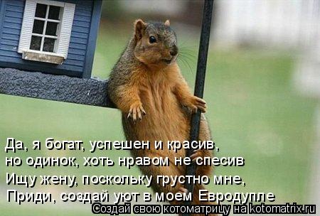 Да, я богат, успешен и красив, но одинок, хоть нравом не спесив Ищу жену, поскольку грустно мне, При... Котоматрица: Да, я богат, успешен и красив, но одинок, хоть нравом не спесив Ищу жену, поскольку грустно мне, Приди, создай уют в моем Евродупле