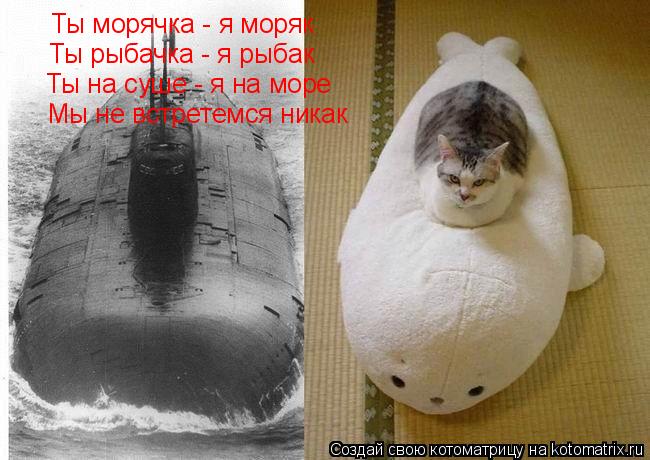 Ты морячка - я моряк Ты рыбачка - я рыбак Ты на суше - я на море Мы не встретемся никак... Котоматрица: Ты морячка - я моряк Ты рыбачка - я рыбак Ты на суше - я на море Мы не встретемся никак