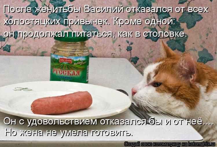 После женитьбы Василий отказался от всех холостяцких привычек. Кроме одной: он продолжал питаться, ка... Котоматрица: После женитьбы Василий отказался от всех холостяцких привычек. Кроме одной: он продолжал питаться, как в столовке. Он с удовольствием отказ