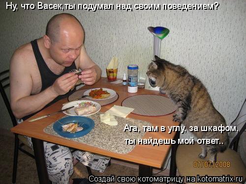 Ну, что Васек,ты подумал над своим поведением? Ага, там в углу, за шкафом, ты найдешь мой ответ..... Котоматрица: Ну, что Васек,ты подумал над своим поведением? Ага, там в углу, за шкафом, ты найдешь мой ответ..