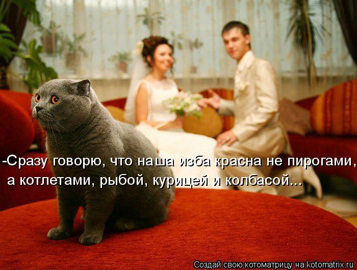 -Сразу говорю, что наша изба красна не пирогами, а котлетами, рыбой, курицей и колбасой...... Котоматрица: -Сразу говорю, что наша изба красна не пирогами, а котлетами, рыбой, курицей и колбасой...