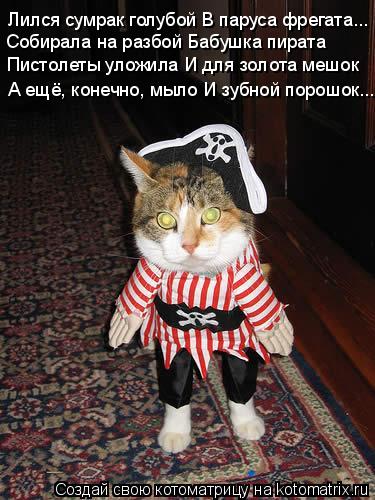 Котоматрица: Лился сумрак голубой В паруса фрегата... Собирала на разбой Бабушка пирата Пистолеты уложила И для золота мешок А ещё, конечно, мыло И зубной