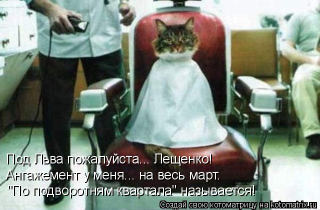 Котоматрица: Под Льва пожалуйста... Лещенко!  Ангажемент у меня... на весь март.   "По подворотням квартала" называется!