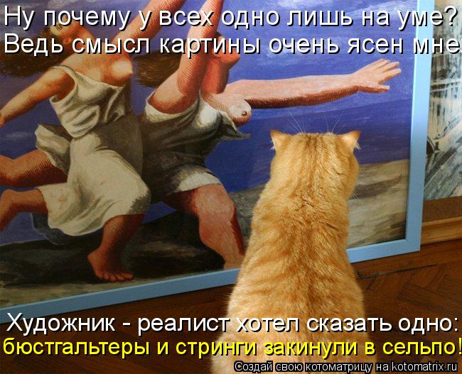 Котоматрица: Ну почему у всех одно лишь на уме? Ведь смысл картины очень ясен мне: бюстгальтеры и стринги закинули в сельпо! Художник - реалист хотел сказ