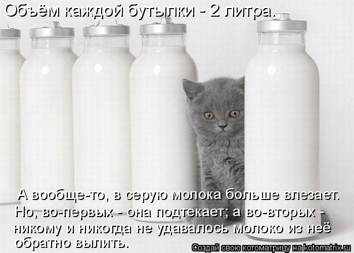 Котоматрица: Объём каждой бутылки - 2 литра. Но, во-первых - она подтекает; а во-вторых -  никому и никогда не удавалось молоко из неё обратно вылить. А вообщ