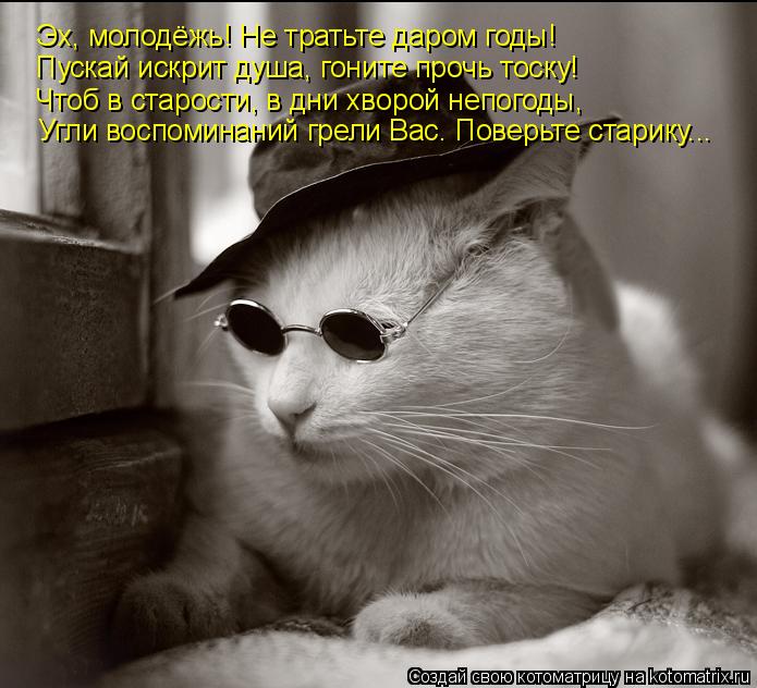 Эх, молодёжь! Не тратьте даром годы! Пускай искрит душа, гоните прочь тоску! Чтоб в старости, в дни х... Котоматрица: Эх, молодёжь! Не тратьте даром годы! Пускай искрит душа, гоните прочь тоску! Чтоб в старости, в дни хворой непогоды, Угли воспоминаний грели В
