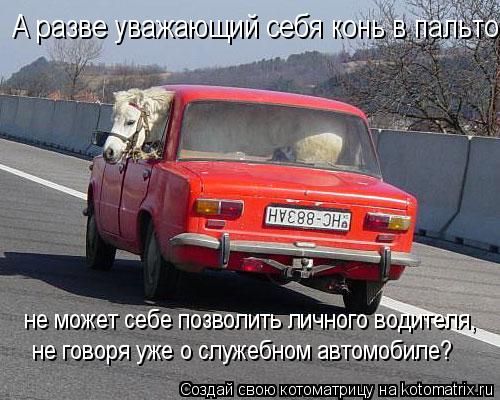 А разве уважающий себя конь в пальто не может себе позволить личного водителя, не говоря уже о служ... Котоматрица: А разве уважающий себя конь в пальто не может себе позволить личного водителя, не говоря уже о служебном автомобиле?
