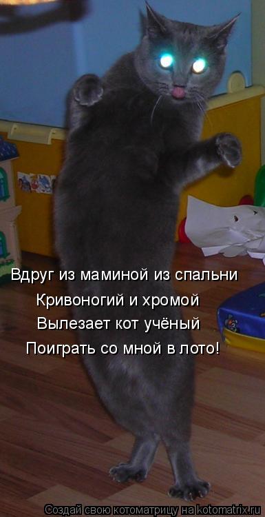 Котоматрица: Вдруг из маминой из спальни Кривоногий и хромой Вылезает кот учёный Поиграть со мной в лото!