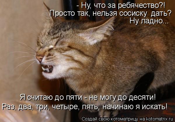 - Ну, что за ребячество?! Просто так, нельзя сосиску дать? Ну ладно... Я считаю до пяти - не могу д... Котоматрица: - Ну, что за ребячество?! Просто так, нельзя сосиску дать? Ну ладно... Я считаю до пяти - не могу до десяти! Раз, два, три, четыре, пять, начинаю я