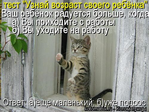 тест "Узнай возраст своего ребёнка" Ваш ребёнок радуется больше, когда: а) Вы приходите с работы б) В... Котоматрица: тест "Узнай возраст своего ребёнка" Ваш ребёнок радуется больше, когда: а) Вы приходите с работы б) Вы уходите на работу Ответ: а)ещё маленьки