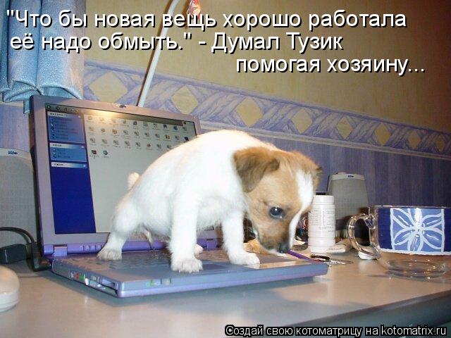 "Что бы новая вещь хорошо работала её надо обмыть." - Думал Тузик помогая хозяину...... Котоматрица: "Что бы новая вещь хорошо работала её надо обмыть." - Думал Тузик помогая хозяину...