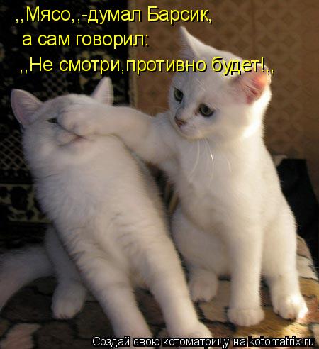 ,,Мясо,,-думал Барсик, а сам говорил: ,,Не смотри,противно будет!,,... Котоматрица: ,,Мясо,,-думал Барсик, а сам говорил: ,,Не смотри,противно будет!,,