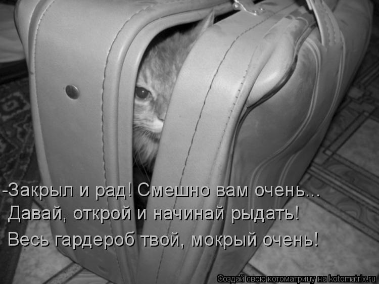 -Закрыл и рад! Смешно вам очень... Давай, открой и начинай рыдать! Весь гардероб твой, мокрый очень!... Котоматрица: -Закрыл и рад! Смешно вам очень... Давай, открой и начинай рыдать! Весь гардероб твой, мокрый очень!