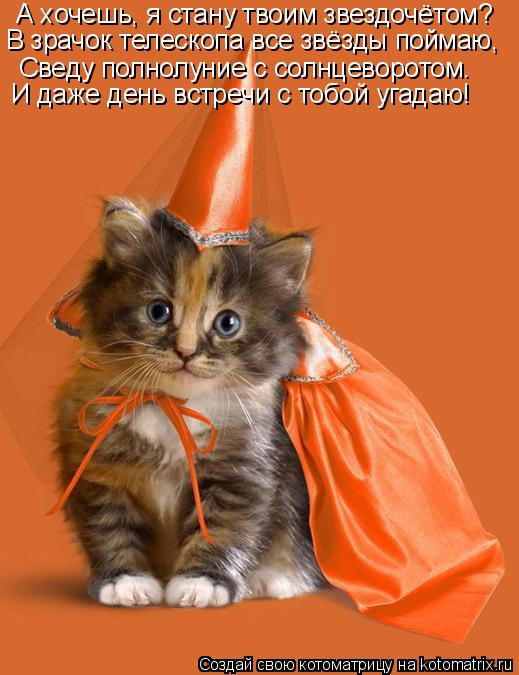 А хочешь, я стану твоим звездочётом? Сведу полнолуние с солнцеворотом. В зрачок телескопа все звёзды... Котоматрица: А хочешь, я стану твоим звездочётом? Сведу полнолуние с солнцеворотом. В зрачок телескопа все звёзды поймаю, И даже день встречи с тобой уг