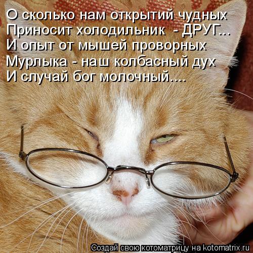 О сколько нам открытий чудных Приносит холодильник - ДРУГ... И опыт от мышей проворных Мурлыка - на... Котоматрица: О сколько нам открытий чудных Приносит холодильник - ДРУГ... И опыт от мышей проворных Мурлыка - наш колбасный дух И случай бог молочный....
