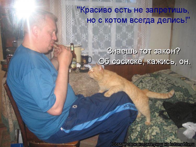"Красиво есть не запретишь, но с котом всегда делись!" Знаешь тот закон? Об сосиске, кажись, он.... Котоматрица: "Красиво есть не запретишь, но с котом всегда делись!" Знаешь тот закон? Об сосиске, кажись, он.