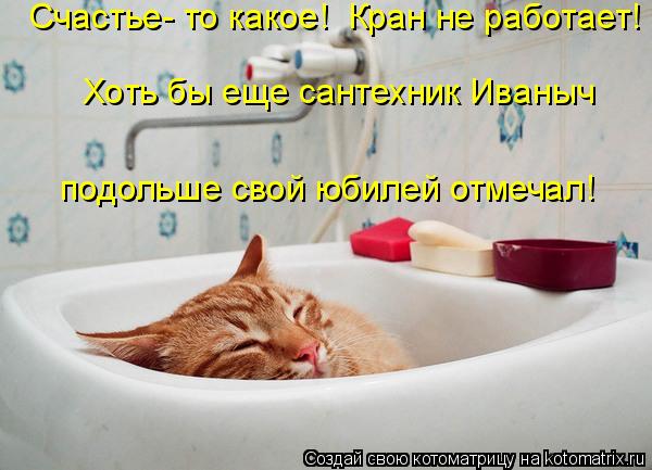 Хоть бы еще сантехник Иваныч подольше свой юбилей отмечал! Счастье- то какое! Кран не работает!... Котоматрица: Хоть бы еще сантехник Иваныч подольше свой юбилей отмечал! Счастье- то какое! Кран не работает!
