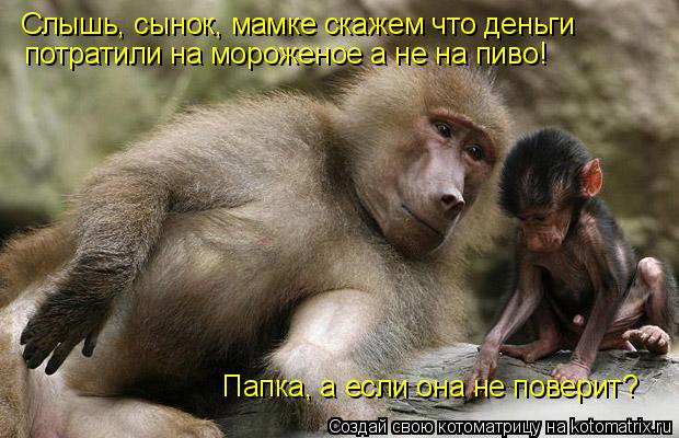 Слышь, сынок, мамке скажем что деньги потратили на мороженое а не на пиво! Папка, а если она не повер... Котоматрица: Слышь, сынок, мамке скажем что деньги потратили на мороженое а не на пиво! Папка, а если она не поверит?