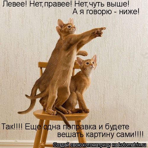 Левее! Нет,правее! Нет,чуть выше! А я говорю - ниже! Так!!!! Еще одна поправка и будете вешать карти... Котоматрица: Левее! Нет,правее! Нет,чуть выше! А я говорю - ниже! Так!!!! Еще одна поправка и будете вешать картину сами!!!!
