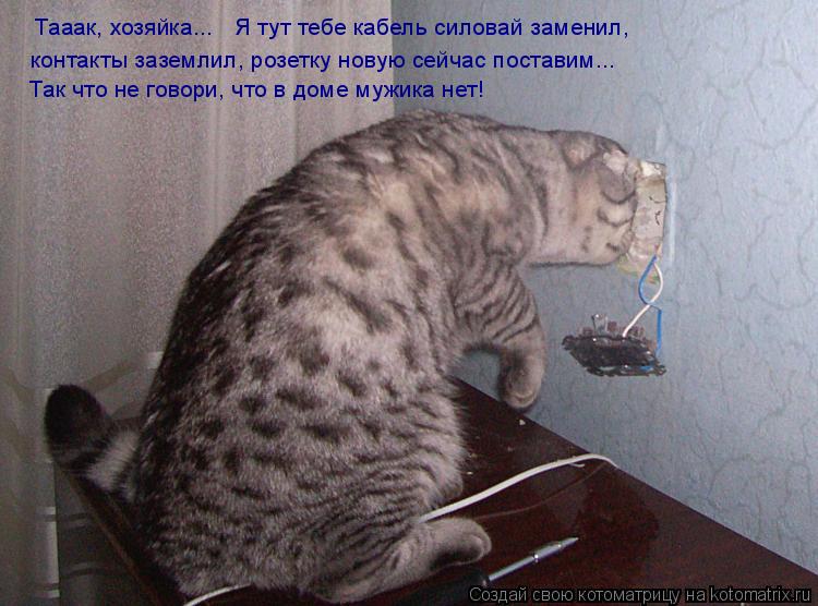 Котоматрица: Тааак, хозяйка... Я тут тебе кабель силовай заменил,  контакты заземлил, розетку новую сейчас поставим... Так что не говори, что в доме мужика н